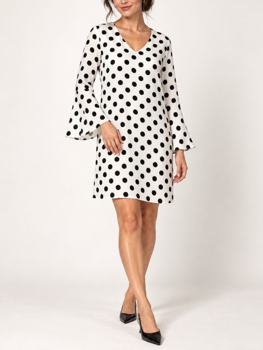 Polka Dot Shift Dress Love Sadie Small Black White V Neck Bell Sleeves Mod Lined